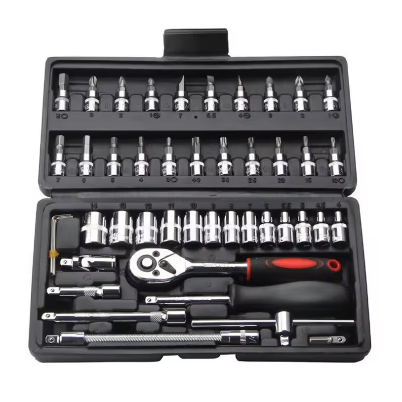 46pcs Black Portable Combination Spanner Wrench Set Cr-V Plastic Steel Manual Car Repair Hand Tools Socket Set